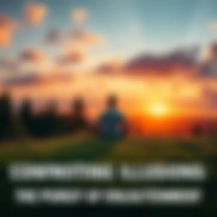 A person sitting cross-legged on a grassy hill, surrounded by trees and a sunset, focusing on the present moment.