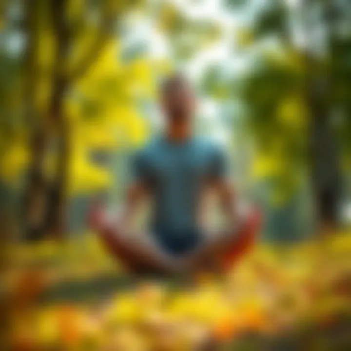 Individual sitting cross-legged in a serene outdoor setting, eyes closed in meditation, surrounded by trees and sunlight.