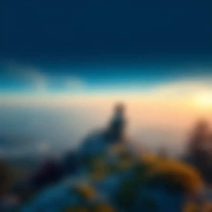 Individual sitting cross-legged on a mountain top, eyes closed, surrounded by nature, reflecting on pain and enlightenment