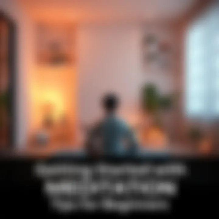 A person sitting cross-legged in a quiet room with soft lighting, surrounded by plants and candles, focusing on meditation.