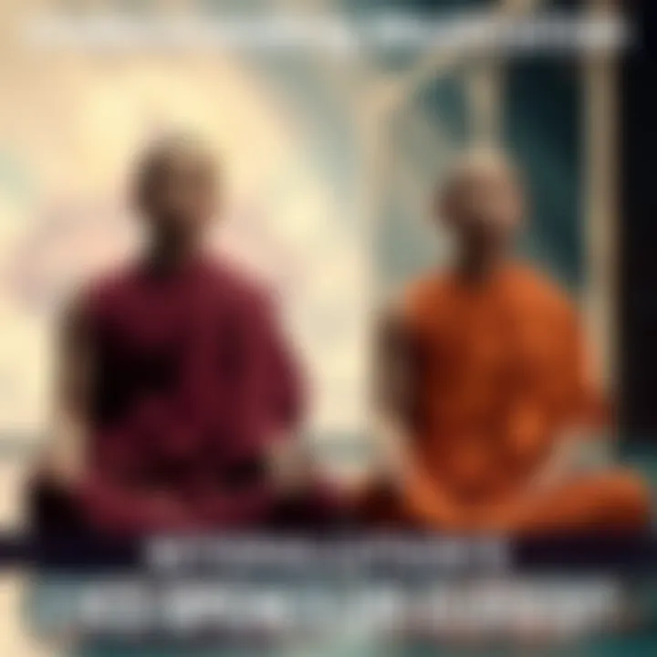 Two monks in traditional robes practicing meditation, one with eyes closed and the other with eyes open, in a serene environment