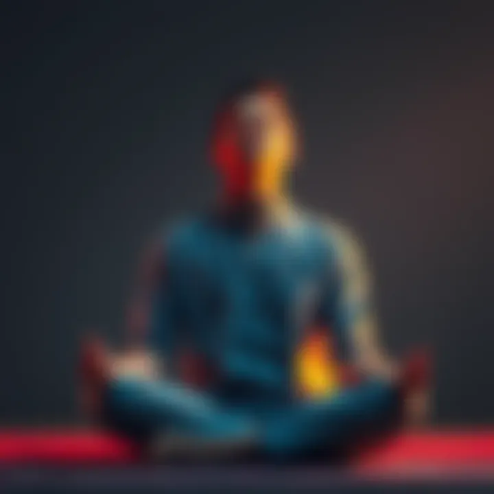 Individual sitting cross-legged, eyes closed, showing signs of intense concentration during a meditation session