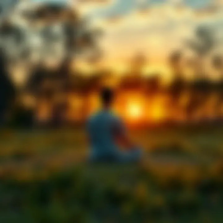 Individual sitting cross-legged in nature, looking contemplative amidst a backdrop of trees and a sunrise, symbolizing reflection on suffering and compassion.