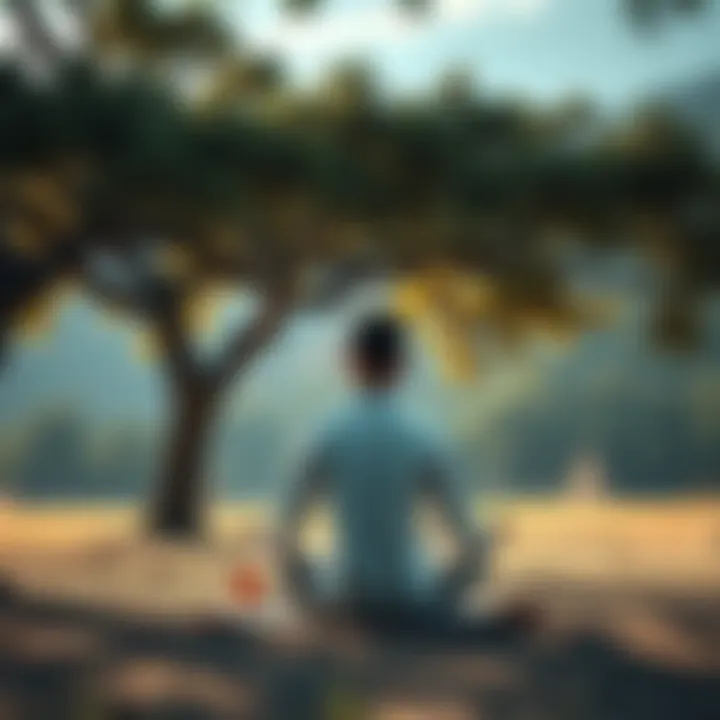 A person meditating under a tree Individual sitting cross-legged on a mat under a tree, surrounded by nature, reflecting on their journey from Catholicism to Buddhism while dealing with personal struggles