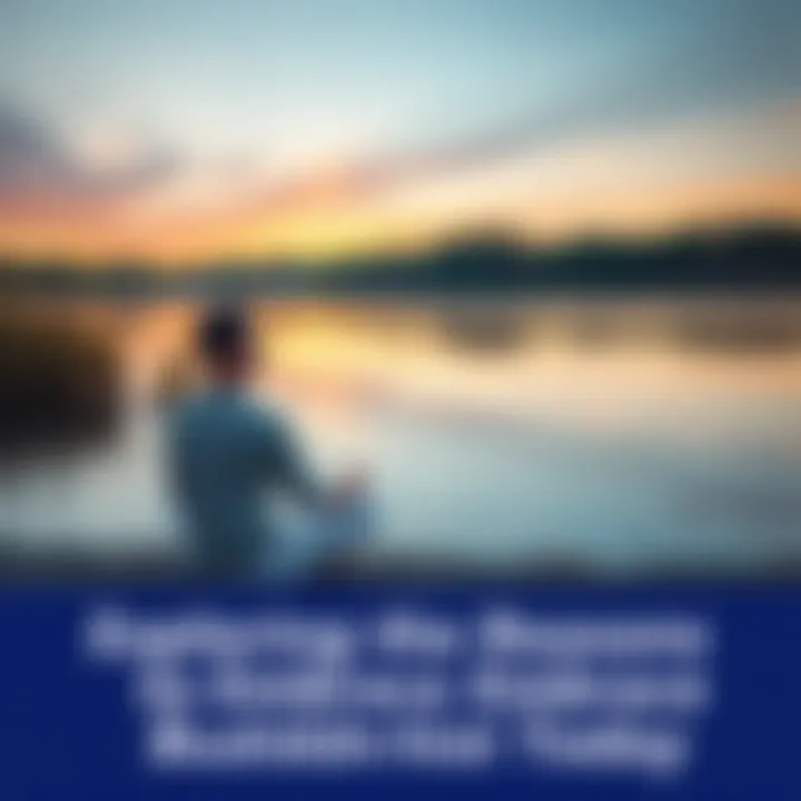 Individual sitting cross-legged near a peaceful lake, practicing meditation with a calm expression