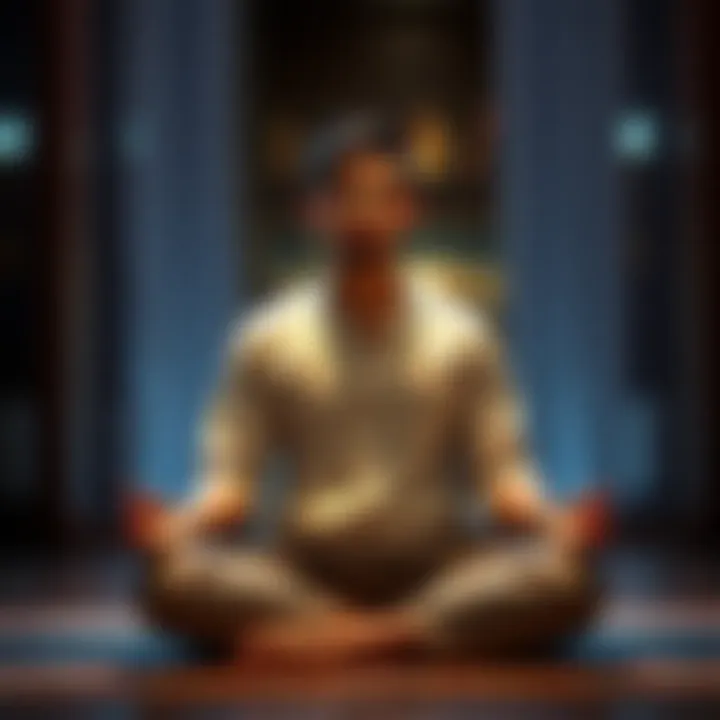 Person meditating quietly A person sitting cross-legged in a serene environment, practicing silent mantra chanting with a calm expression