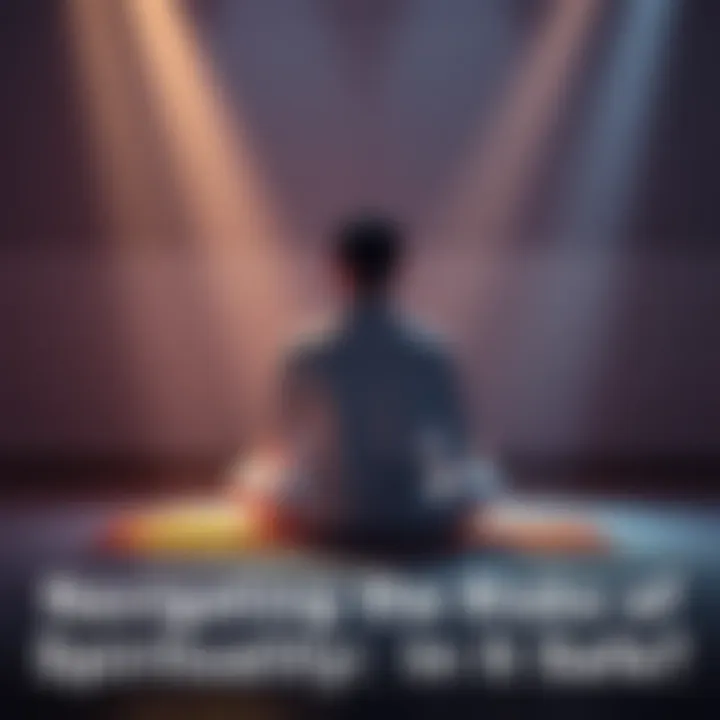 Individual sitting cross-legged on a mat, surrounded by gentle light, contemplating spiritual thoughts