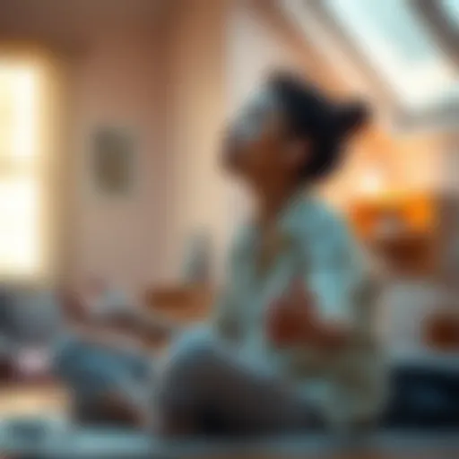 Individual sitting cross-legged with eyes closed, wearing earbuds, surrounded by a calm setting with soft lighting