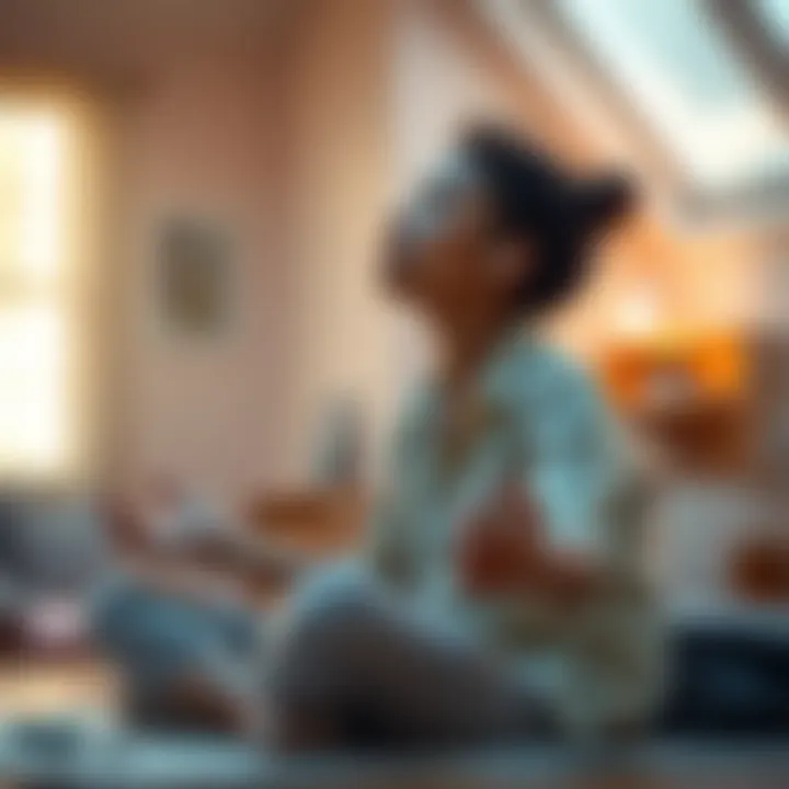 Individual sitting cross-legged with eyes closed, wearing earbuds, surrounded by a calm setting with soft lighting
