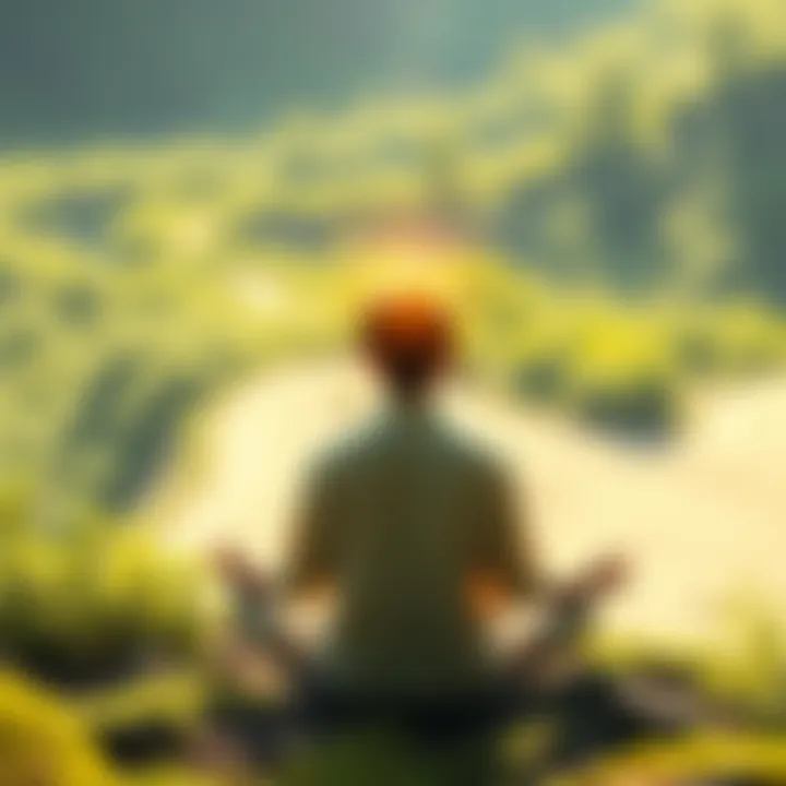 A person meditating peacefully in nature, reflecting on their spiritual journey, surrounded by greenery and soft light.