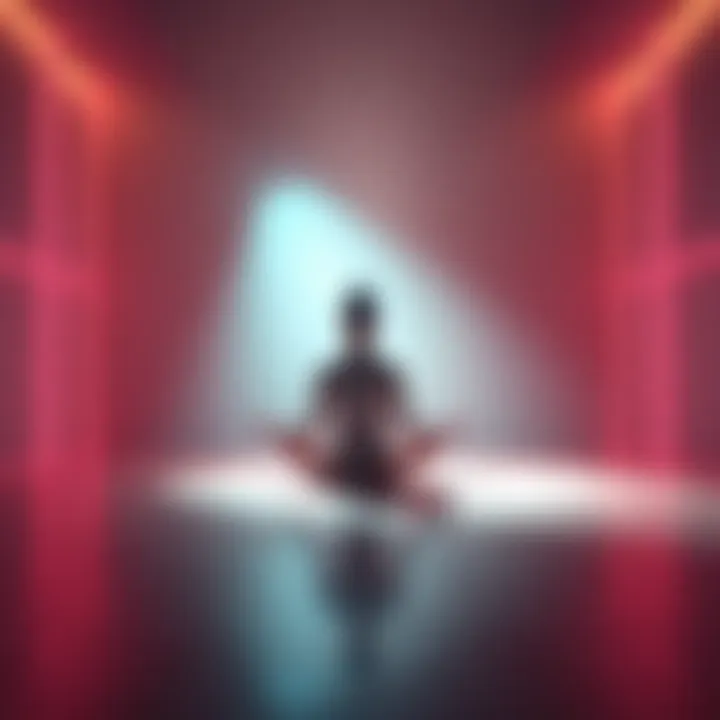 A person sits cross-legged in a peaceful environment, eyes closed, surrounded by soft light and calming colors, representing focus and inner peace.
