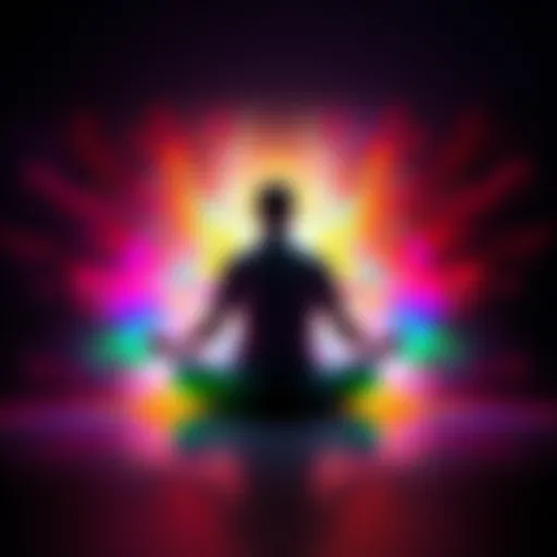 A person sitting cross-legged, meditating, surrounded by a vibrant and colorful aura