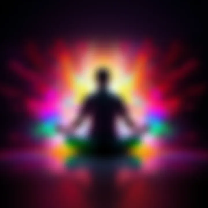 A person sitting cross-legged, meditating, surrounded by a vibrant and colorful aura