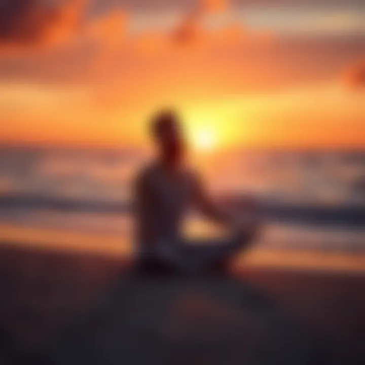 A person sitting cross-legged on a serene beach at sunset, practicing meditation with closed eyes, surrounded by calm waves and soft light.