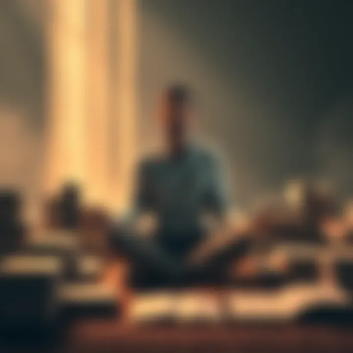 A person sitting cross-legged, meditating, surrounded by books on personal development, symbolizing the application of Neville's teachings.