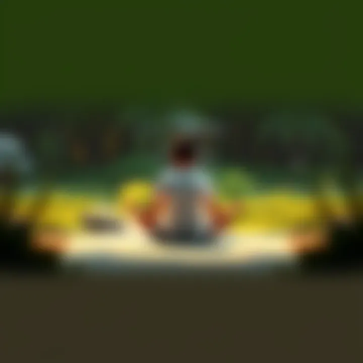 A person sitting cross-legged in a peaceful setting, surrounded by soft light and greenery, practicing meditation