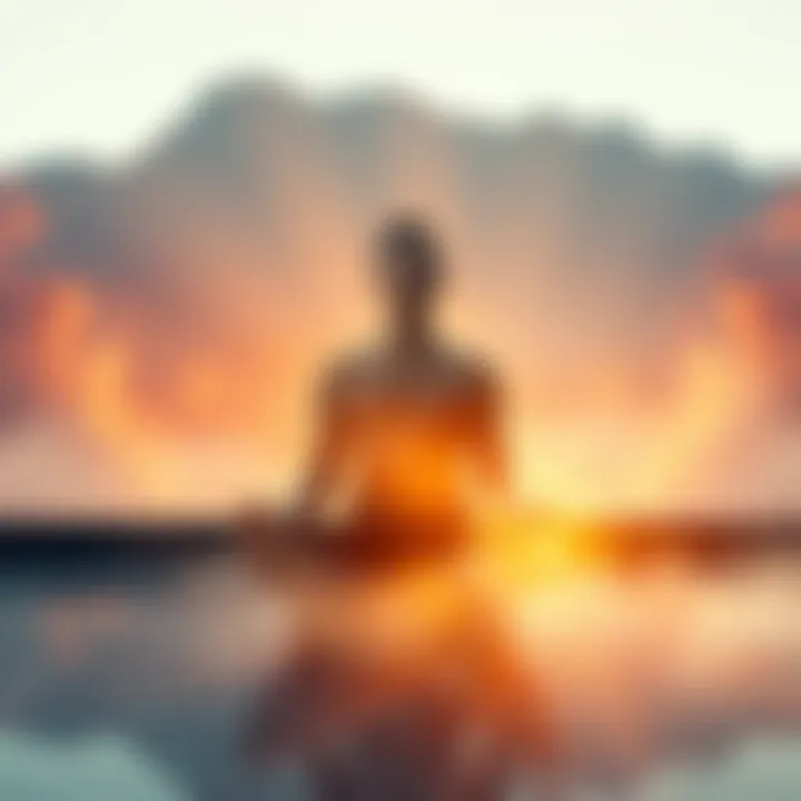 A person sitting cross-legged in meditation, surrounded by a peaceful environment, radiating calmness and compassion.