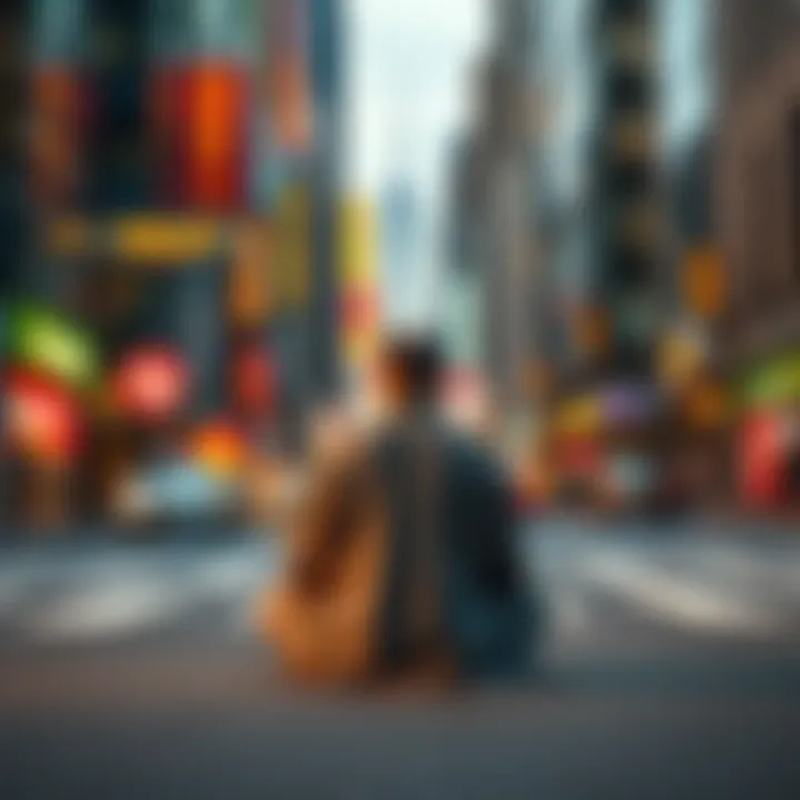 A person sitting in a lotus position in the midst of a bustling city street, contrasting calmness with urban chaos