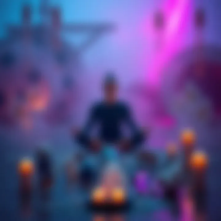 A person sits cross-legged on the floor, surrounded by crystals and candles, focusing on their breathing while avoiding traditional religious symbols.