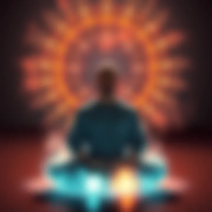 Person meditating with glowing aura Individual in a meditative pose surrounded by a soft glow, representing spiritual enhancement and expanded consciousness