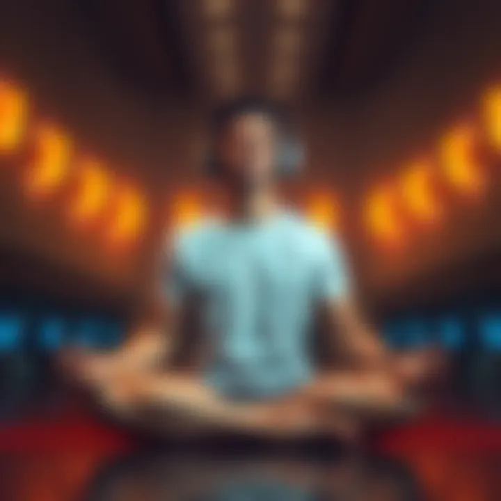 Individual sitting cross-legged, wearing headphones and meditating with a peaceful expression