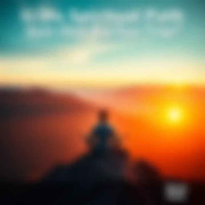 A person in a meditative pose sitting on a mountain top, overlooking a sunset, reflecting on spirituality