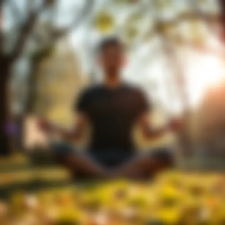 Individual sitting cross-legged in a serene outdoor setting, surrounded by trees and sunlight, practicing meditation for personal growth