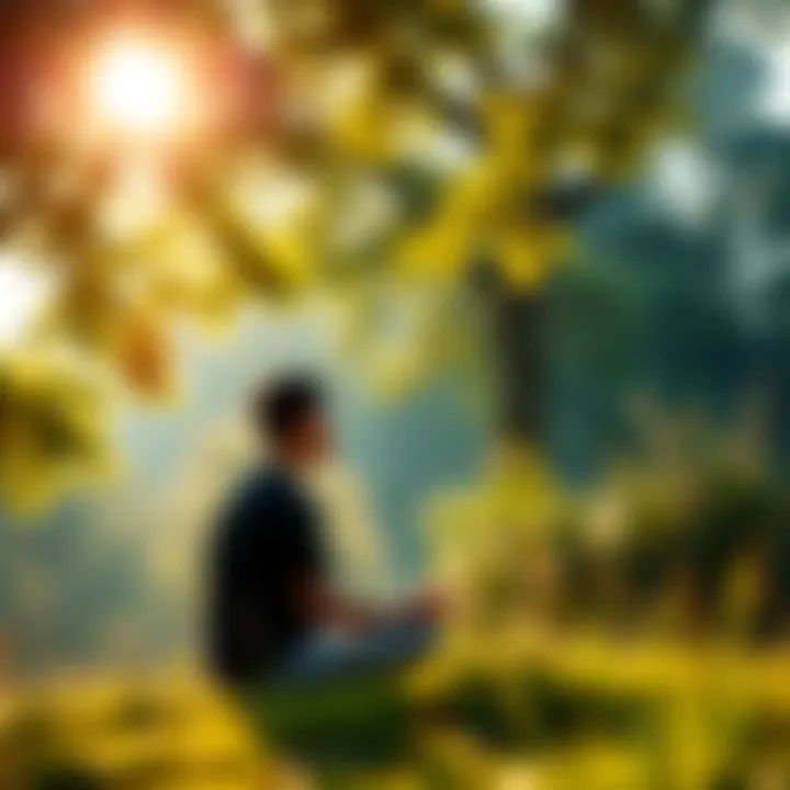 A person meditating in a serene natural setting, surrounded by trees and sunlight, symbolizing spiritual growth and awareness.