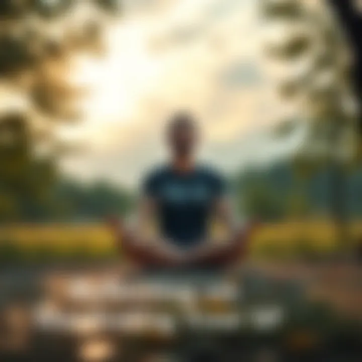 A person sitting cross-legged in a serene outdoor setting, reflecting peacefully with a calm expression.