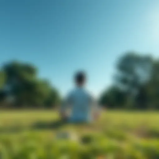 A person sitting cross-legged in a serene natural setting, practicing deep meditation under a clear blue sky, surrounded by trees and soft green grass.