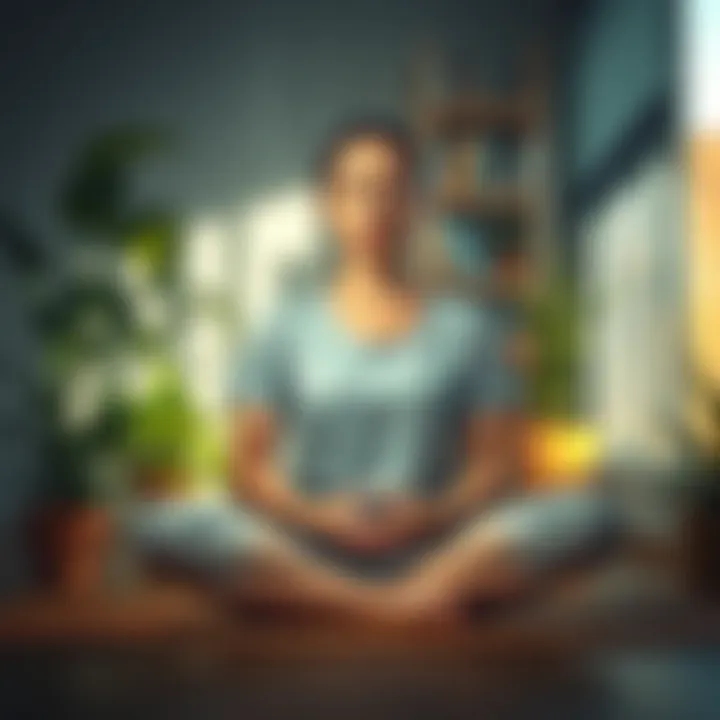 A person sitting cross-legged on a mat with eyes closed, showing a slight frown as if feeling a pinch in the nose bridge, surrounded by calming indoor plants