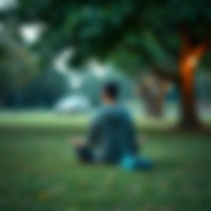 Individual sitting cross-legged on grass, practicing mindfulness in a peaceful outdoor setting