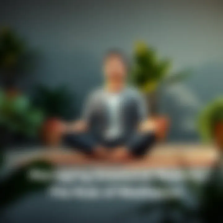 A person sitting cross-legged on a mat, eyes closed in meditation, surrounded by plants and soft light