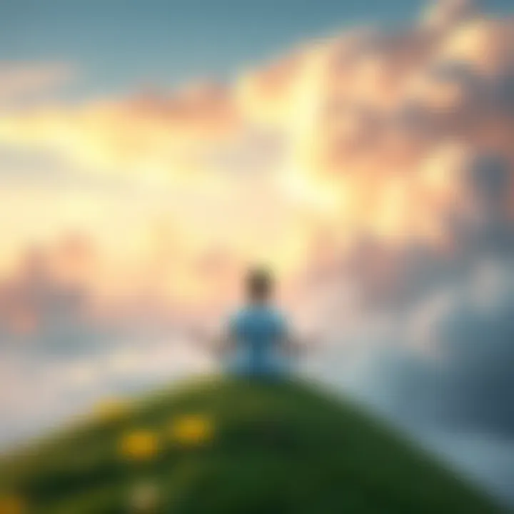 A person sitting cross-legged on a grassy hilltop, surrounded by soft clouds and a colorful sky, symbolizing inner peace and transformation