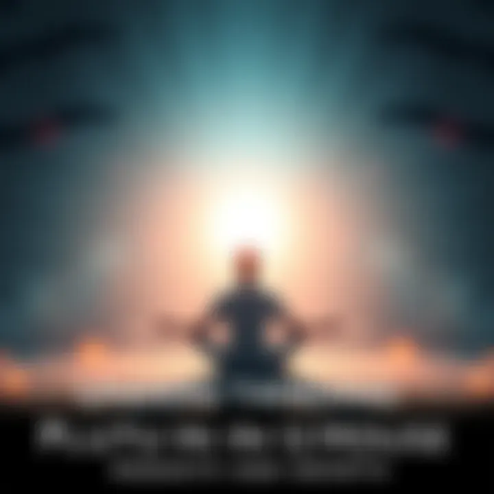 Individual sitting cross-legged in a calm space, surrounded by soft light and subtle spiritual symbols, representing transformation and self-discovery