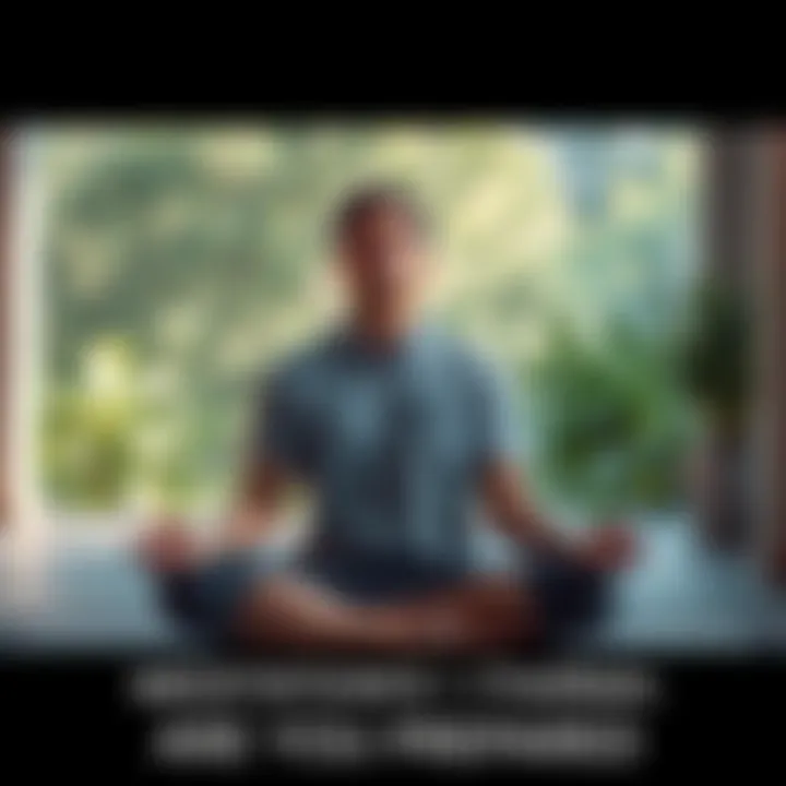 A person sitting cross-legged in a calm environment, eyes closed, meditating peacefully while surrounded by soft, natural light and greenery.