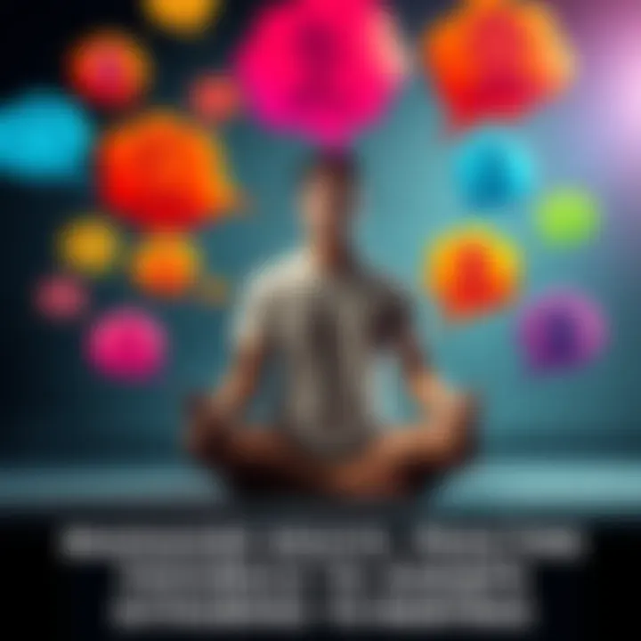Individual sitting cross-legged in meditation, surrounded by colorful thought bubbles depicting various emotions and images, symbolizing vivid thoughts during mantra practice