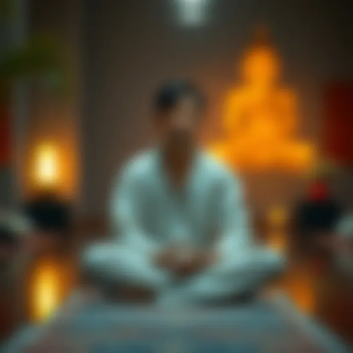 A person sitting cross-legged in meditation with a weary look, surrounded by a calm environment that reflects a Vipassana meditation setting.