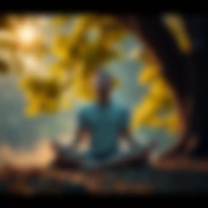 A person sits cross-legged under a tree, eyes closed, embracing calmness and letting go of worries.