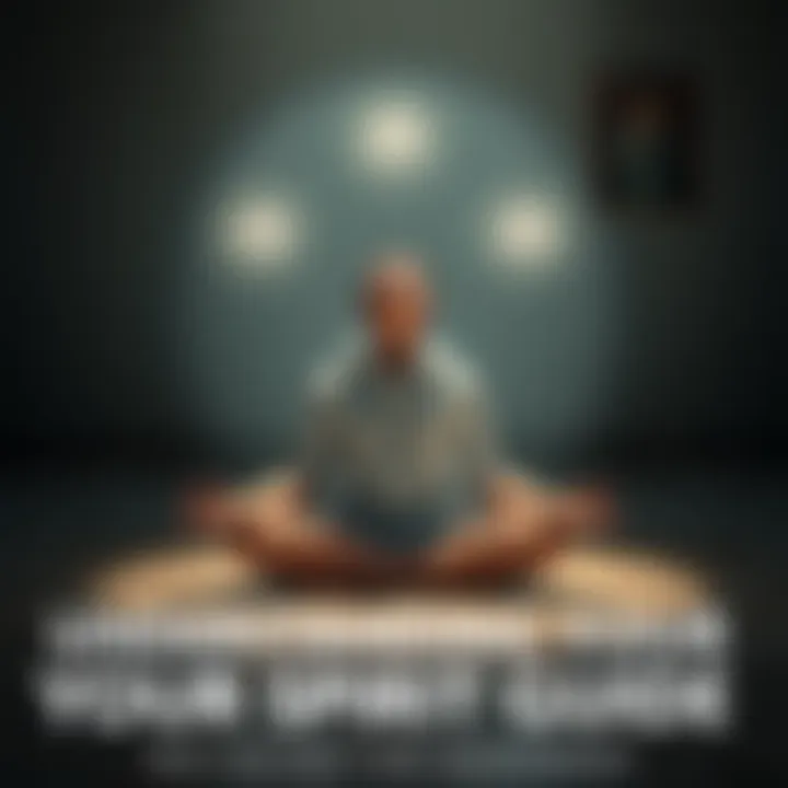 Person meditating while seeking spirit guide A person sits cross-legged in a serene environment, eyes closed, trying to connect with their spirit guide, surrounded by soft light.