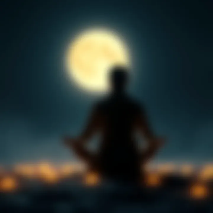 Individual sitting cross-legged on the ground, surrounded by soft glowing lights, meditating under a bright moon, representing the intuitive energy of Pisces moon signs.
