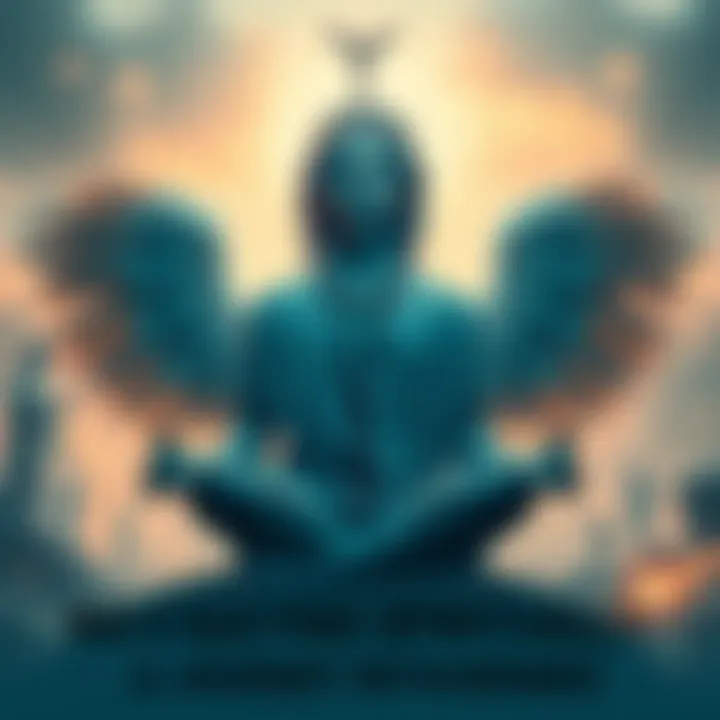 Individual in a meditative pose surrounded by symbols of Hermes, like wings and a caduceus, reflecting on spirituality and mental health.