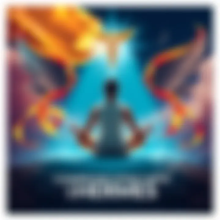 A person sitting cross-legged in a peaceful setting, surrounded by symbols associated with Hermes, such as a caduceus, wings, and flowing ribbons, representing communication and spirituality.