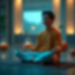 Individual sitting cross-legged in meditation, looking anxious and overwhelmed, surrounded by a calm environment