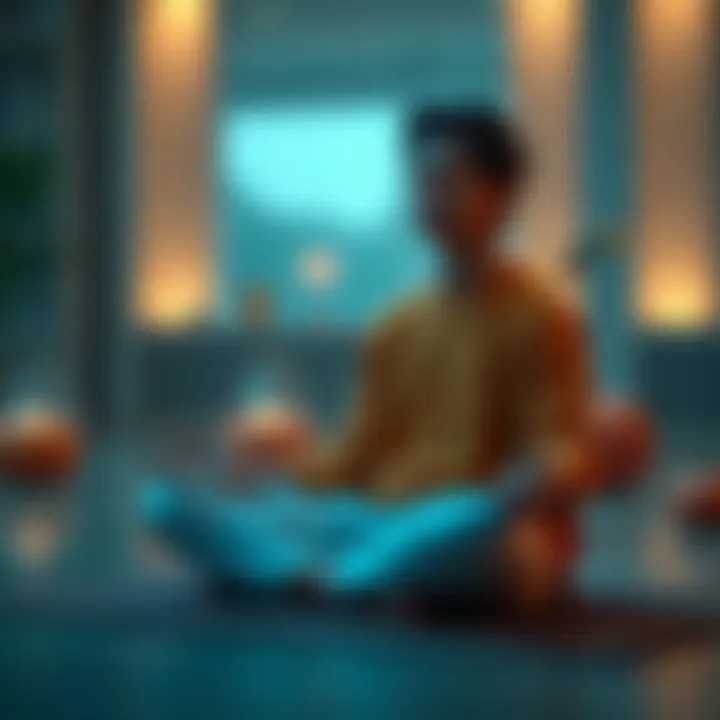 Individual sitting cross-legged in meditation, looking anxious and overwhelmed, surrounded by a calm environment