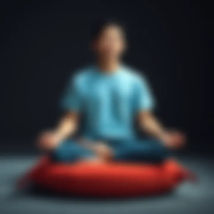 A person sitting cross-legged on a meditation cushion, focusing on their breath with a calm expression.