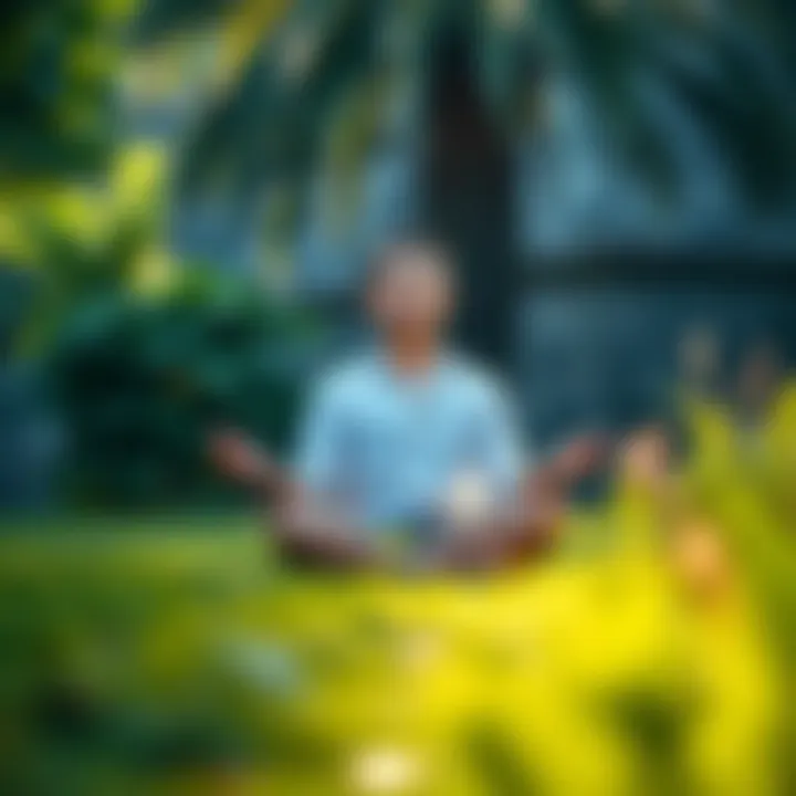 Person sitting cross-legged in a serene environment, meditating with a calm expression, surrounded by nature