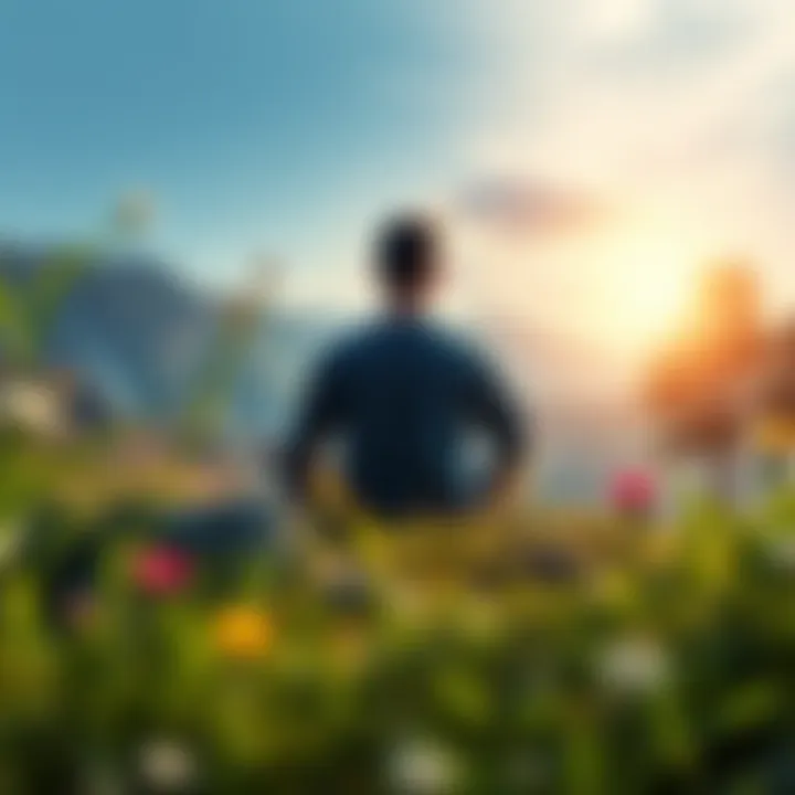 A person meditating in a serene environment, surrounded by nature, representing the search for a problem-free life