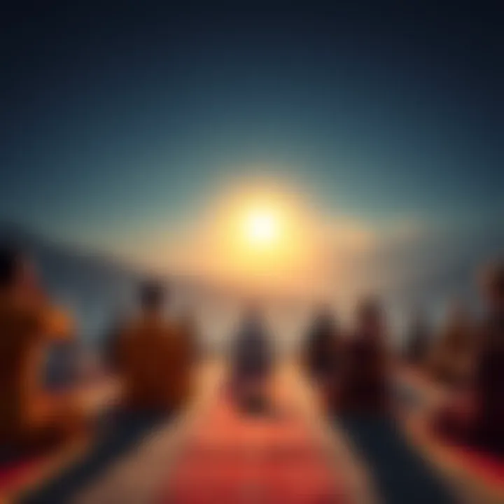 A group of people practicing meditation in a serene setting, reflecting on their journey in search of a Dzogchen teacher and community.