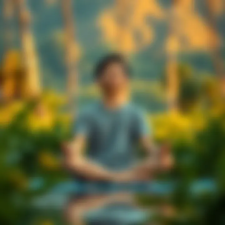 Meditation in Silence A young person sitting cross-legged in a serene space, surrounded by nature, practicing Vipassana meditation with eyes closed and a peaceful expression.